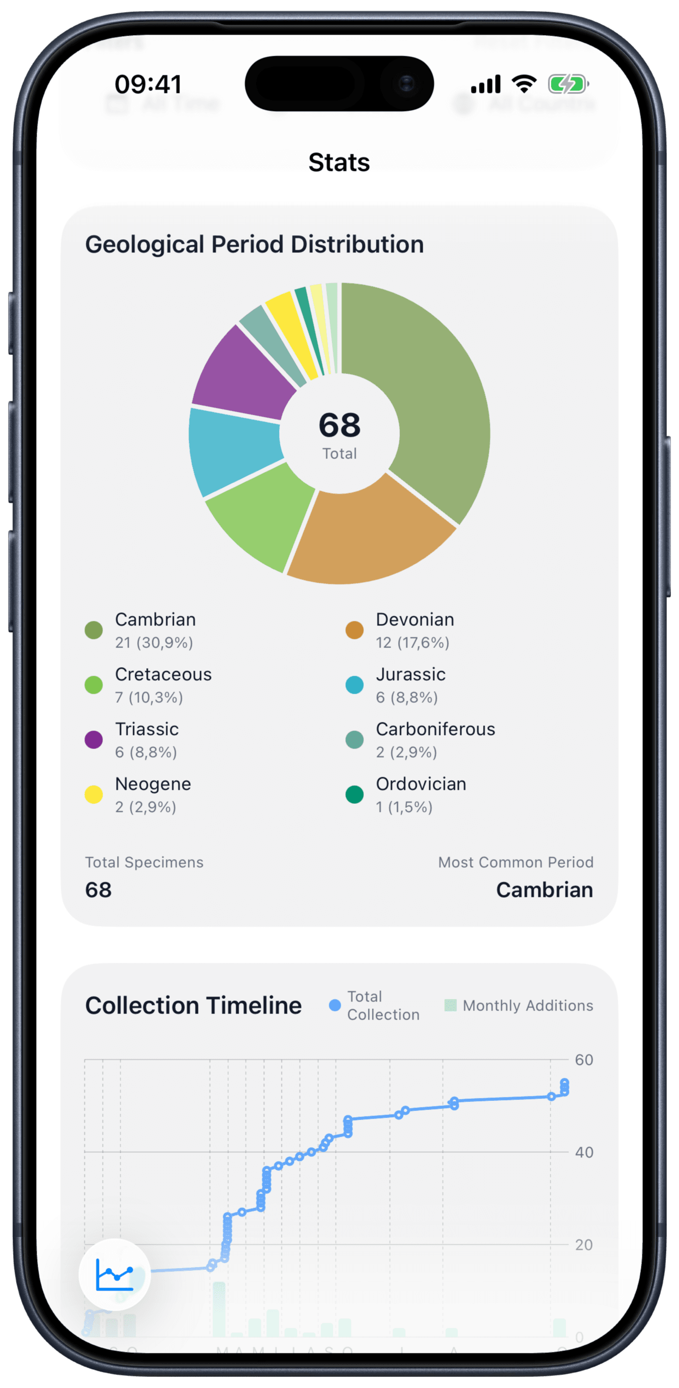 FossilVault collection statistics screen