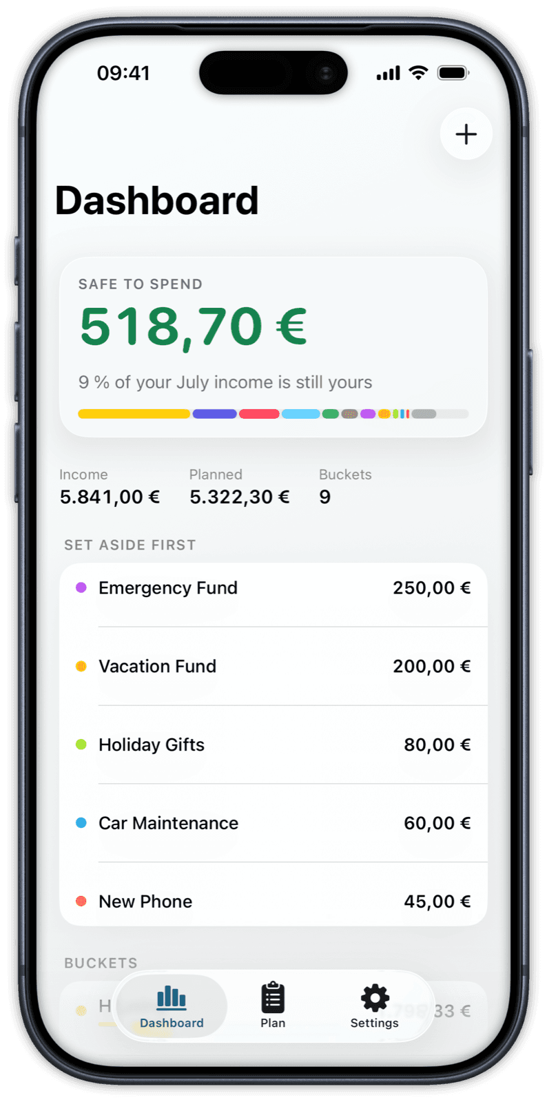 Bucketize dashboard showing the safe-to-spend figure and set-aside list